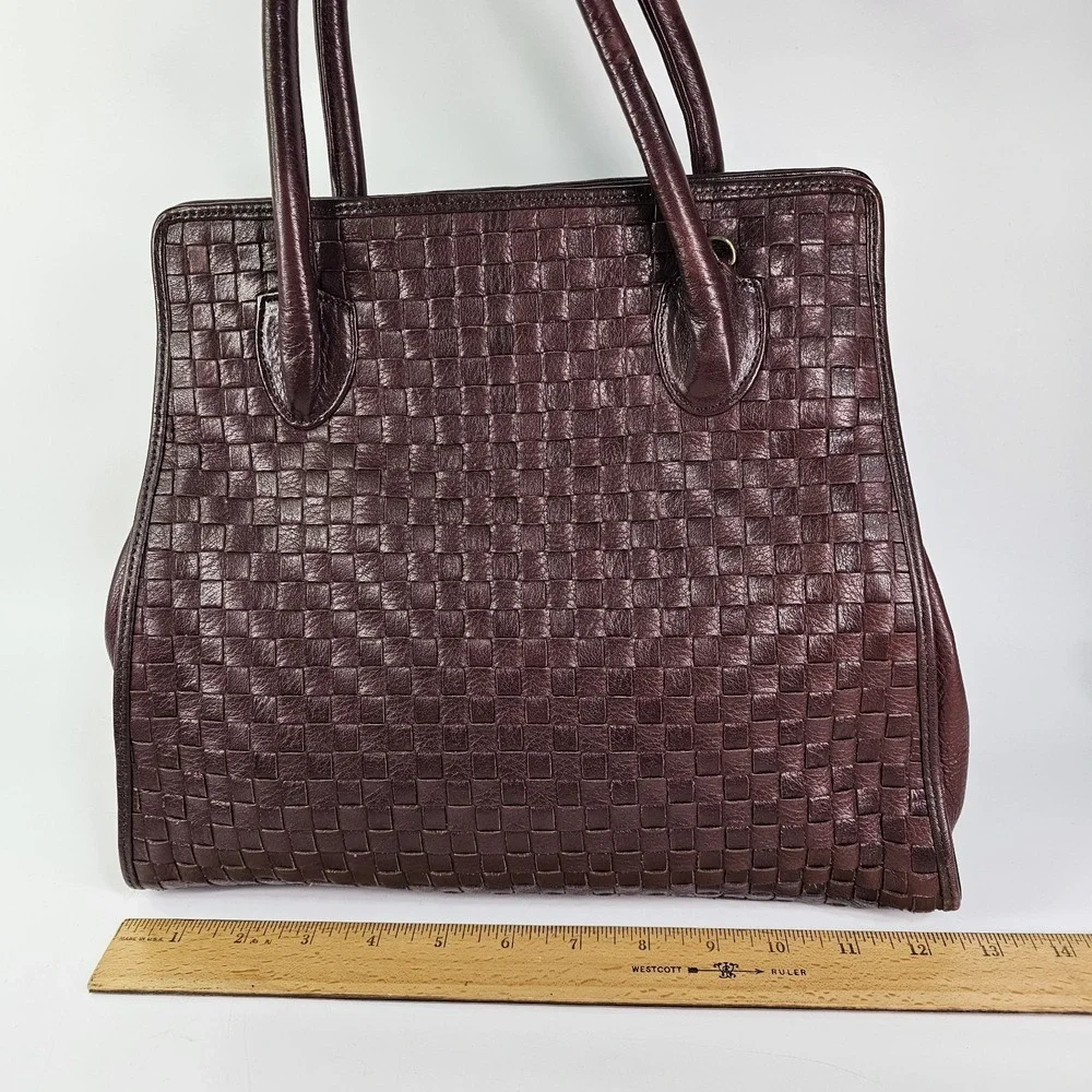 Vtg Monet Woven Leather Tote Shoulder Bag Intrecciato Burgundy Maroon Satchel
